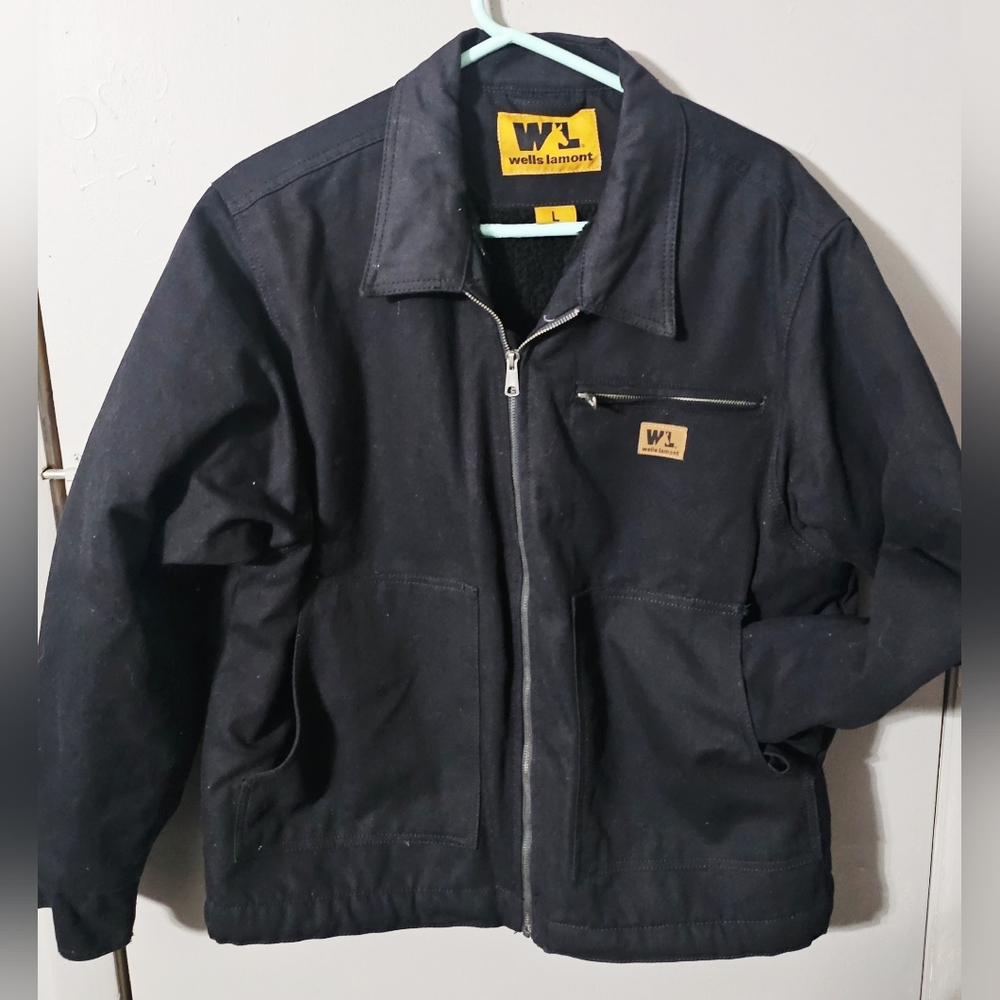 Mens Wells Lamont black Canvas/Sherpa lined outdoor work zip up jacket size lg